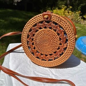Handwoven Round Rattan Bag with Floral Lining